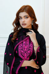 Embroidered Lawn 3pc Outfit with Chiffon Embroidered Dupatta