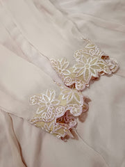 🌸 Tea Pink Chiffon Frock with two colours Embroidered Lace & Raw Silk Pants – Soft & Graceful Look