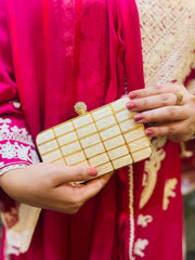 Elara 011 Marble-Finish Gold Grid Clutch with Crystal Clasp