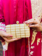 Elara 011 Marble-Finish Gold Grid Clutch with Crystal Clasp