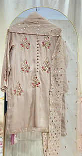 Hand-Embellished Pure Silk 3-Piece Set with Organza Dupatta