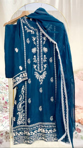 Rosy Silk 3-Piece – Hand-Embellished Elegance with Embroidered Shirt & Chiffon Dupatta