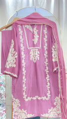Rosy Silk 3-Piece – Embroidered Shirt with Chiffon Dupatta & Trousers