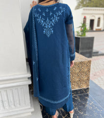 Exquisite 3pc Embroidered Pure Cotton Net Outfit with Khaddi Net Dupatta