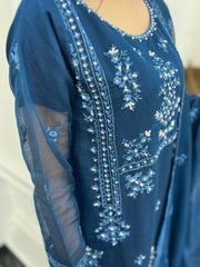 Exquisite 3pc Embroidered Pure Cotton Net Outfit with Khaddi Net Dupatta