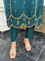 Zardozi Handwork Raw Silk Outfit with Chiffon Dupatta