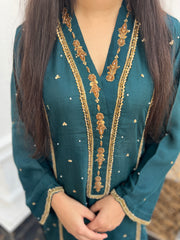 Zardozi Handwork Raw Silk Outfit with Chiffon Dupatta