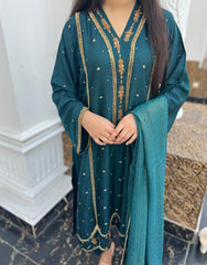 Zardozi Handwork Raw Silk Outfit with Chiffon Dupatta