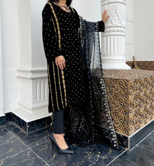 Zardozi Handwork Pure Velvet Black 3pc Outfit