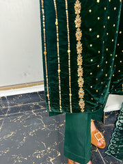 Zardozi Handwork Pure Velvet Green 3pc Outfit