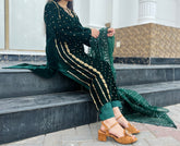 Zardozi Handwork Pure Velvet Green 3pc Outfit