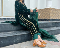 Zardozi Handwork Pure Velvet Green 3pc Outfit