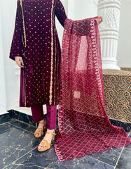 Zardozi Handwork Pure Velvet Red 3pc Outfit