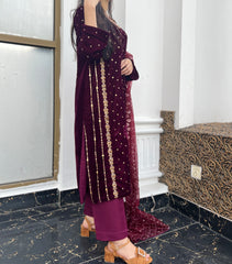 Zardozi Handwork Pure Velvet Red 3pc Outfit