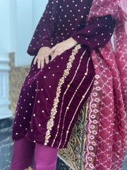Zardozi Handwork Pure Velvet Red 3pc Outfit