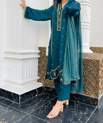 Zardozi Handwork Raw Silk Outfit with Chiffon Dupatta