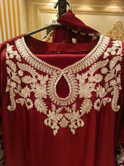 Luxurious 3pc Silk Outfit with Thread Embroidery and Lace Detailing