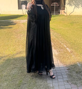 🖤 Black Chiffon Floor-Length Frock with Embroidered Lace – Perfect for Eid & Festive Wear