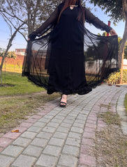 🖤 Black Chiffon Floor-Length Frock with Embroidered Lace – Perfect for Eid & Festive Wear