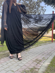 🖤 Black Chiffon Floor-Length Frock with Embroidered Lace – Perfect for Eid & Festive Wear