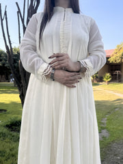 🤍 Off-White/Milky White Chiffon Floor-Length Frock – Pure Elegance for Eid & Celebrations