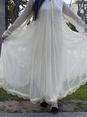 🤍 Off-White/Milky White Chiffon Floor-Length Frock – Pure Elegance for Eid & Celebrations