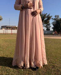 🌸 Tea Pink Chiffon Frock with two colours Embroidered Lace & Raw Silk Pants – Soft & Graceful Look