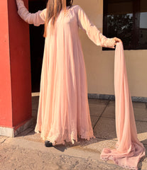 🌸 Tea Pink Chiffon Frock with two colours Embroidered Lace & Raw Silk Pants – Soft & Graceful Look