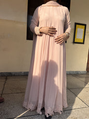 🌸 Tea Pink Chiffon Frock with two colours Embroidered Lace & Raw Silk Pants – Soft & Graceful Look