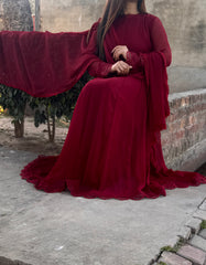❤️ Reddish Maroon Chiffon Floor-Length Frock – A Bold & Regal Festive Look