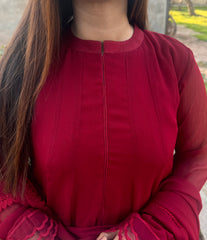 ❤️ Reddish Maroon Chiffon Floor-Length Frock – A Bold & Regal Festive Look
