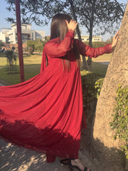 ❤️ Reddish Maroon Chiffon Floor-Length Frock – A Bold & Regal Festive Look
