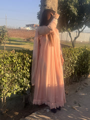 Peach Chiffon Frock with Embroidered Lace – Subtle & Sophisticated for Festive Wear