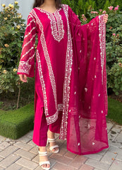 Elegant Embroidered Pure Cotton Net 3pc Outfit with Khaddi Net Dupatta