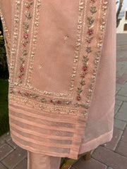 Graceful 3pc Pink Embroidered Pure Cotton Net Outfit with Khaddi Net Dupatta