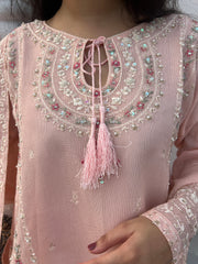 Graceful 3pc Pink Embroidered Pure Cotton Net Outfit with Khaddi Net Dupatta