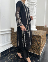 Graceful 3pc Black Embroidered Pure Cotton Net Outfit with Khaddi Net Dupatta