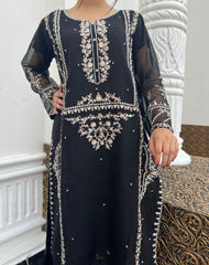 Graceful 3pc Black Embroidered Pure Cotton Net Outfit with Khaddi Net Dupatta