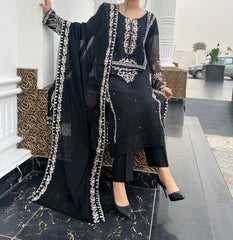 Graceful 3pc Black Embroidered Pure Cotton Net Outfit with Khaddi Net Dupatta