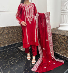 Elegant 3pc Embroidered Pure Cotton Net Outfit with Khaddi Net Dupatta