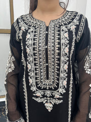 Elegant Black 3pc Embroidered Pure Cotton Net Outfit with Khaddi Net Dupatta