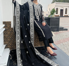 Elegant Black 3pc Embroidered Pure Cotton Net Outfit with Khaddi Net Dupatta