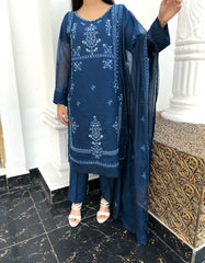 Exquisite 3pc Embroidered Pure Cotton Net Outfit with Khaddi Net Dupatta