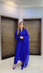 Elegant 3pc Korean Raw Silk Outfit with Organza Dupatta & Pearl Tassels