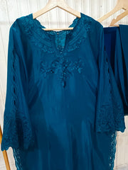 Luxury Deep Teal Blue Embroidered Raw silk 3-Piece Suit