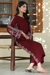Burgundy Royal – Embroidered Dhanak Shirt Trouser | Ammara N Winter Collection