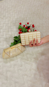Elara 011 Marble-Finish Gold Grid Clutch with Crystal Clasp