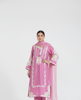 Rosy Silk 3-Piece – Embroidered Shirt with Chiffon Dupatta & Trousers