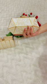 Gulnaar 012 Marble-Finish Gold Grid Clutch with Crystal Clasp