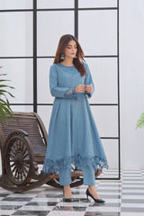 2-Piece Paneled Frock with Cutwork Embroidery in Light Khaddar